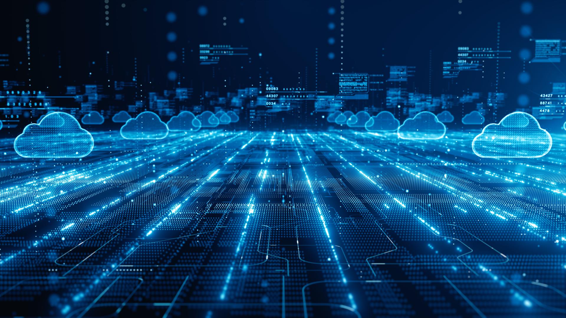 Red futurista de computación en la nube con vías digitales brillantes, que representan la tecnología en la nube, el flujo de datos y la conectividad global. Fondo de datos digitales de ciberseguridad, renderizado 3D