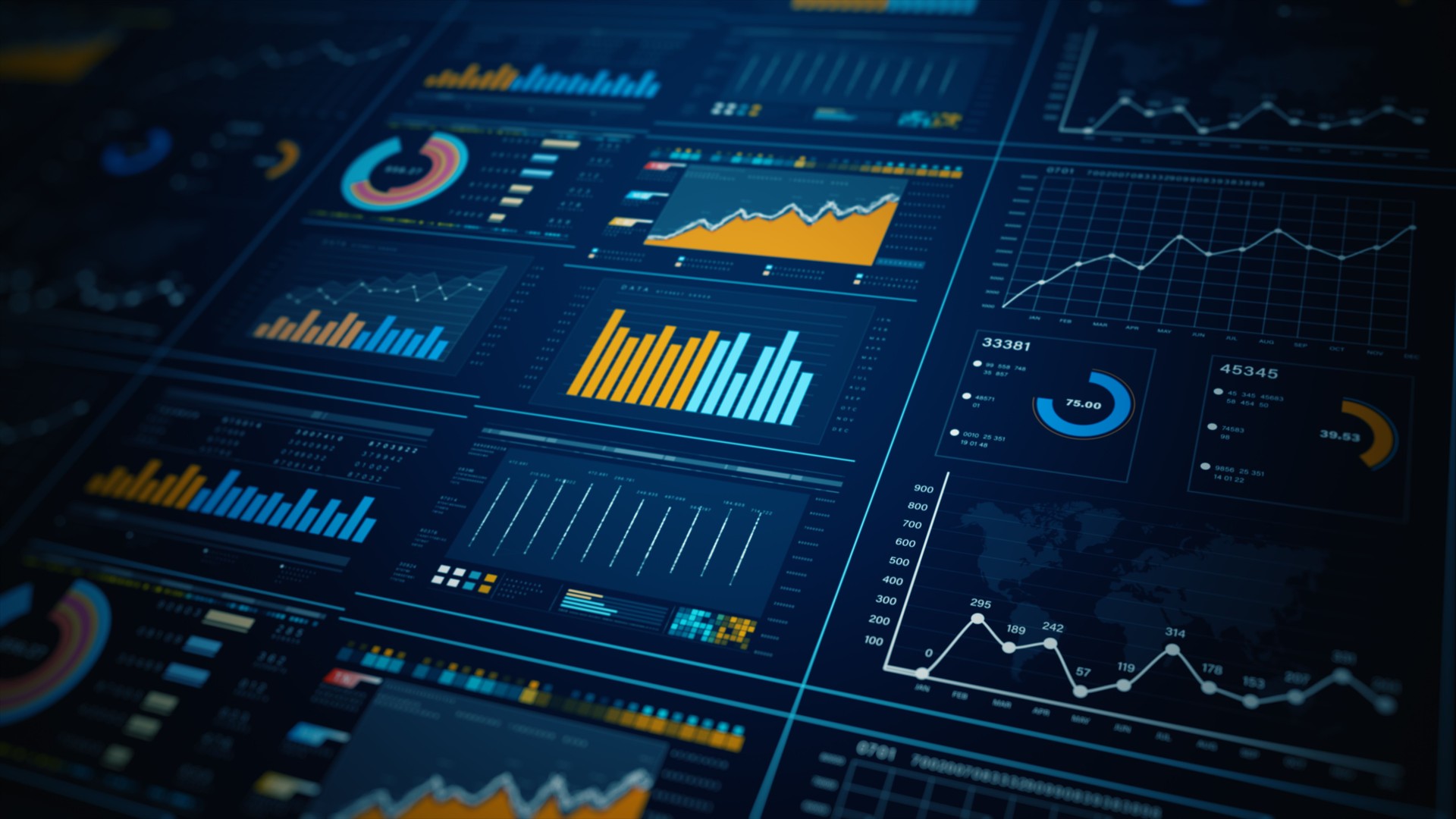 Pantalla del panel de análisis de datos. Inversión empresarial y financiera. Infografía de HUD de finanzas. Informes informativos de estrategia empresarial de inversión. Renderizado 3D